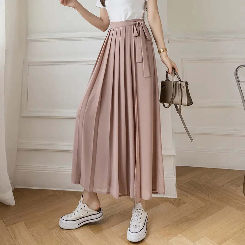 Women Solid Color Loose Wide Leg Pants 2024 Casual Lace Up High Waist Lady Pleated Pants Summer Spring Flowing Chiffon Trousers