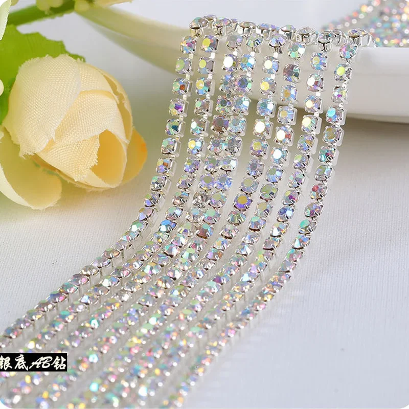 Rhinestone Cup Chain Silver Based Claw Mix Color AB Crystal Sew on Cup Chain for Clothing Dress Sewing Ornament Accessories DIY