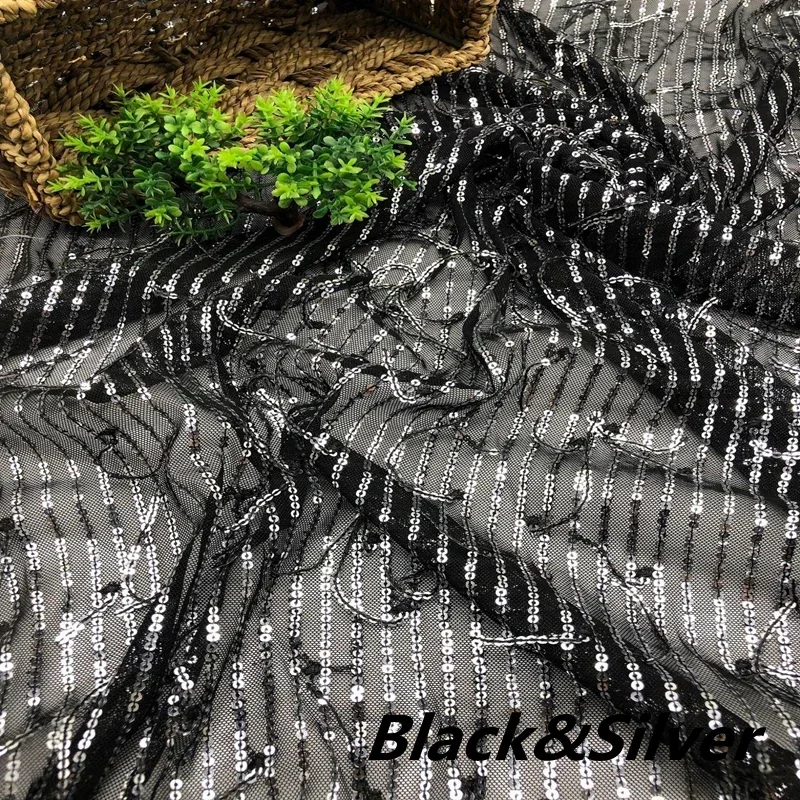 DIY 3MM Tassel Sequin Fabric Embroidered Elasticity Tulle Fabrics  Accessories Sewing Striped Evening Dress Width125cm