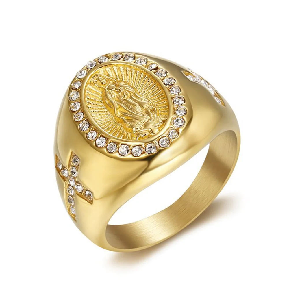 Religious Gold Color Virgin Mary Rings for Women Men Stainless Steel Iced Out CZ Madonna Ring Hip Hop Christian Jewelry Gift