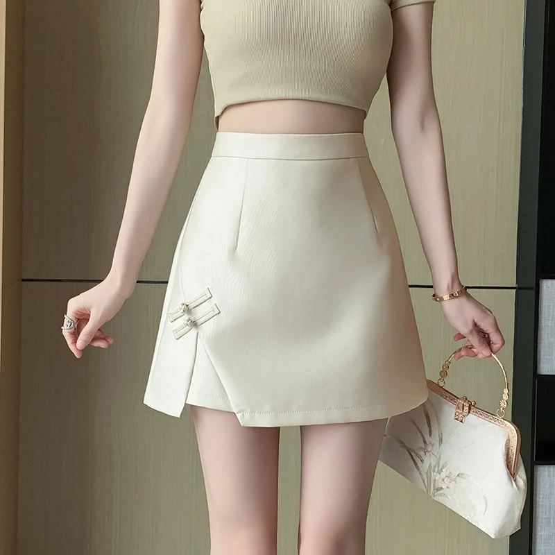 

Chinese Style Retro A-line Mini Skirts Womens 2024 Summer New High Waist Package Hip Skirt Ladies Elegant Satin Short Skirts