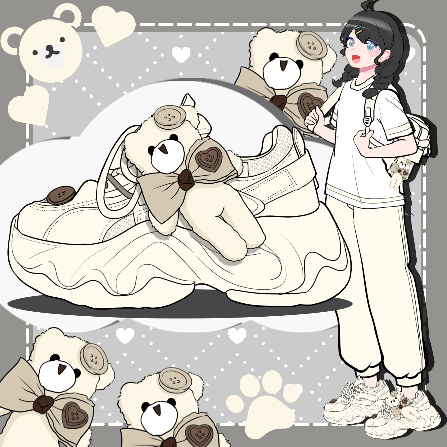 

Amy And Michael Adorable Bear Shoes Lovely Girls Students Casual Chunky Sneakers Fashionable Women Platform White Trainers