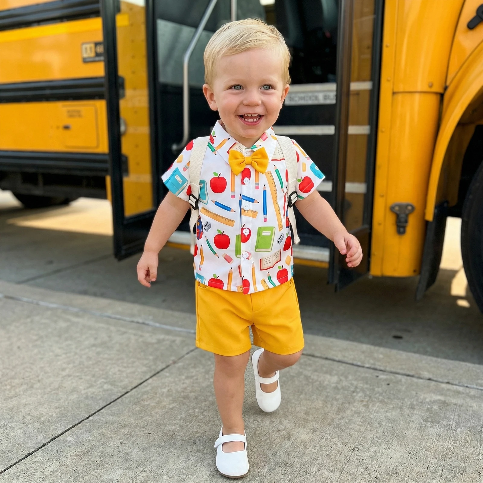 1-5Y Little Toddler Boy Back to School Outfit Apple Pencil Short Sleeve Bowtie Shirts and Shorts 2 Piece Summer Boys Set