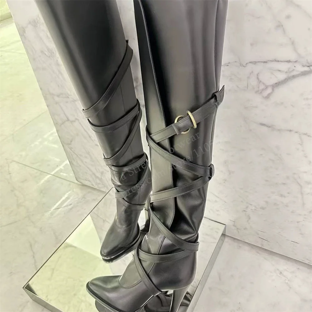 Fashionable Casual Leather Strap Knight Boots Women Pointed Toe High Heel Tall Tube Boots Solid Color Over The Knee Boot