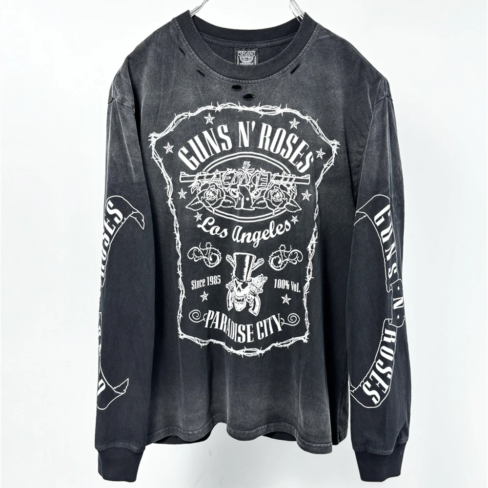 

Vintage Hole SAINT Guns N' Roses Las Vegas Limited Washed T Shirt Men Women oversized Black Tee Tops T-Shirts