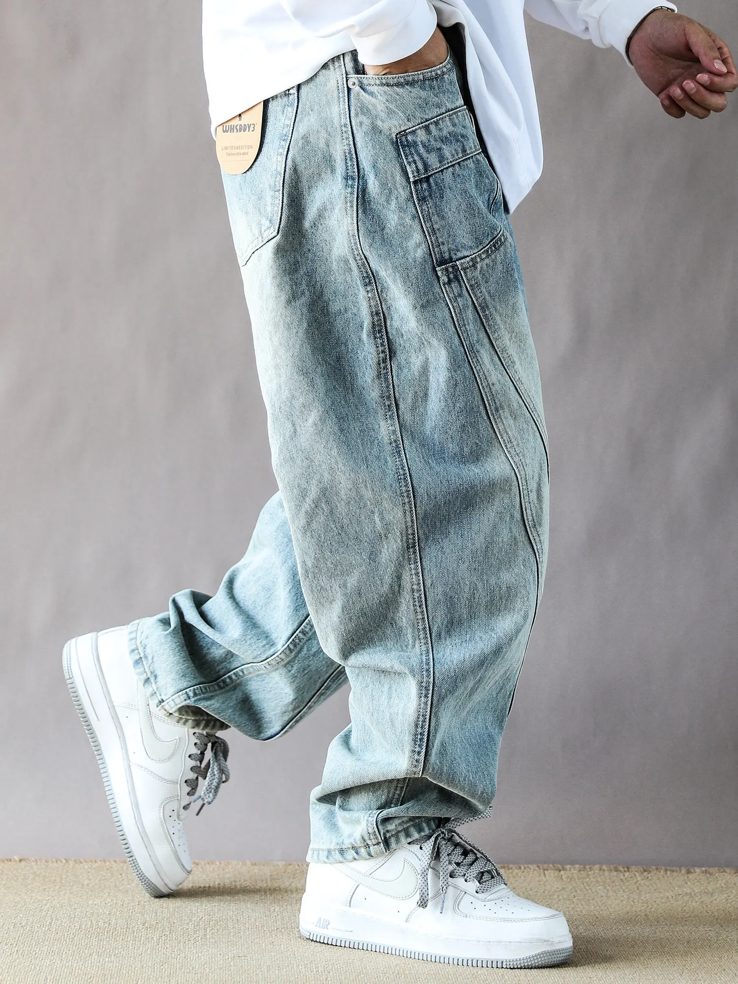 Mens Jeans American Hip Hop Trendy Loose Light Blue Double Waist Washed Distressed High Quality Streetwear Denim Pants Male
