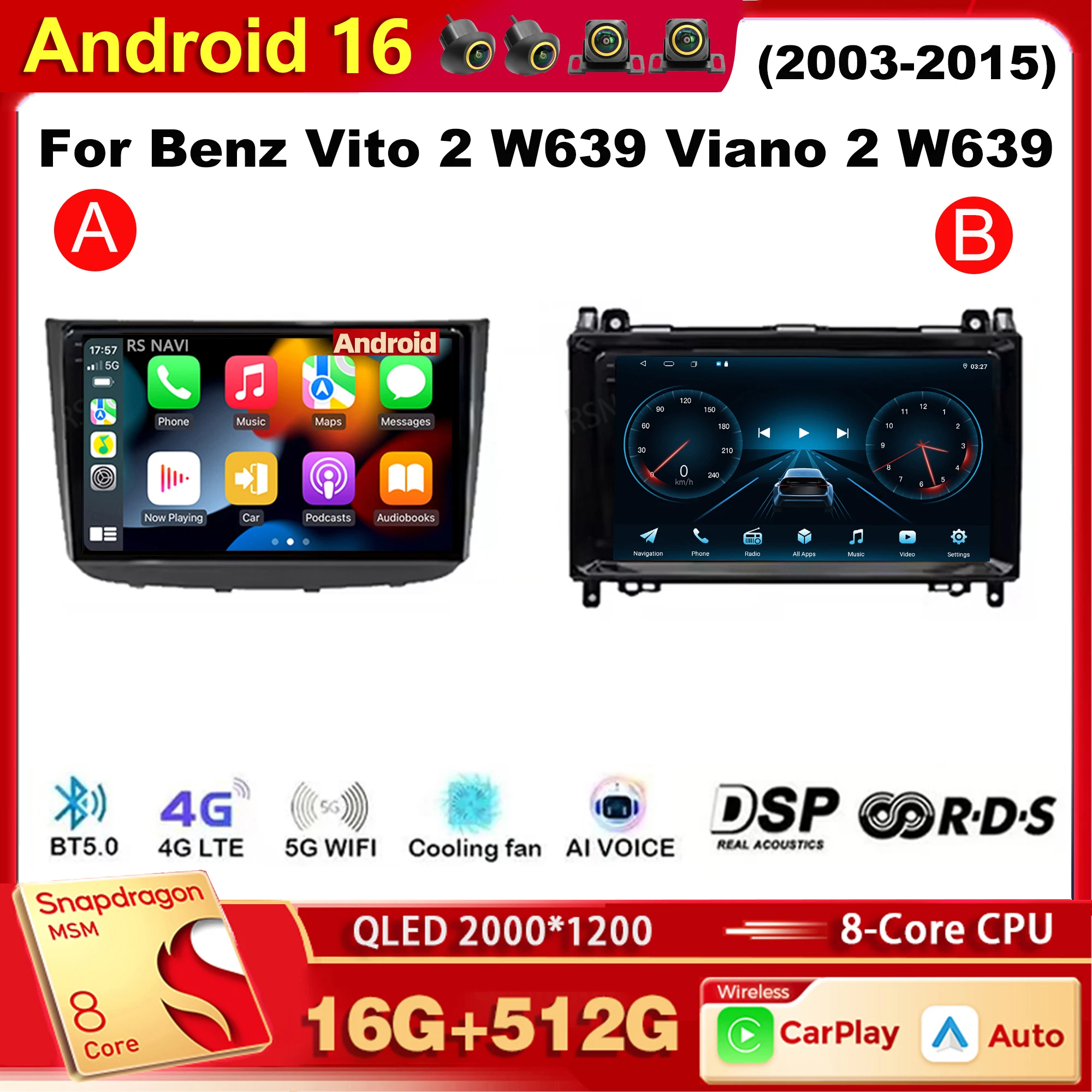 Android 16 Qualcomm Autoradio-Player für Benz Vito 2 W639 Viano 2 W639 2003-2015 Auto Carplay Auto-DSP WLAN+4G KI-Sprachsteuerung 2 Din GPS