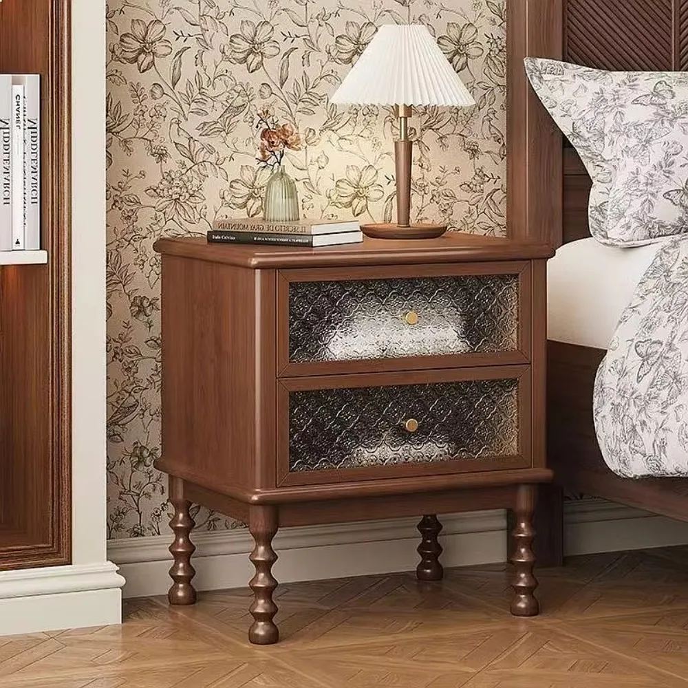 Mid-Century Modern Solid Wood Nightstand, Rustic Bedside Cabinet with Storage, Small Night Table for Bedroom
