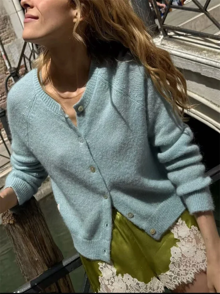 

Susan French Sle Loose Fit Blue Wool Blend Knitted Sweater Women's Top Faion Autumn Winter Casual V-Ne Long Sve