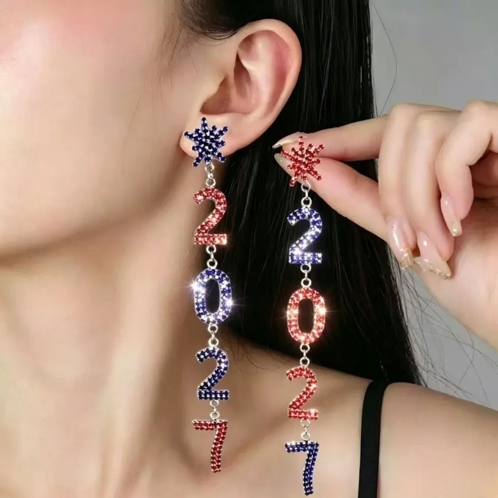 1 Pair/Set Elegant 2027 Long Drop Earring Fashion Rhinestone 2027 Digital Earrings Temperament All-Match