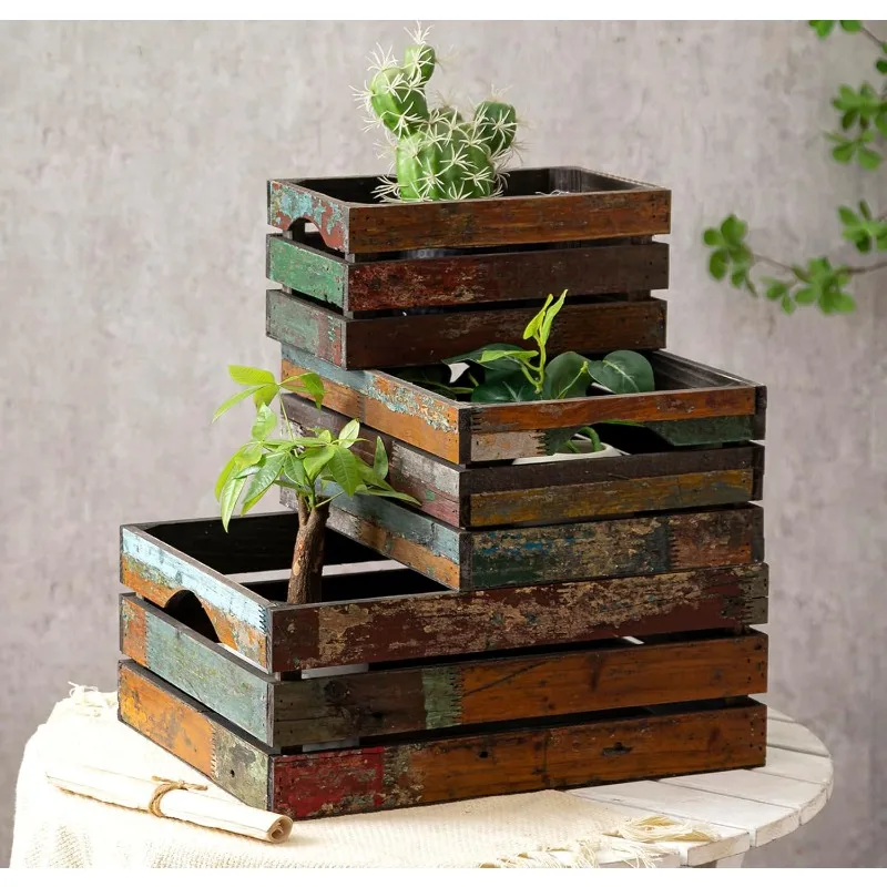

Set of 3 Rustic Distressed Wood Nesting Crates, Farmhouse Decorative Wooden Storage Boxes, Large Vintage Recl