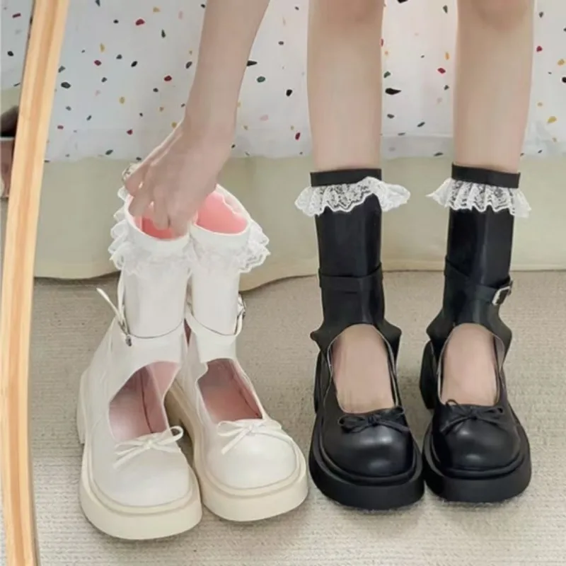 

Лето 2023, новые туфли на среднем каблуке с круглой головкой, женские модные штабелируемые сапоги, сапоги средней длины с кружевным украшением для девочек