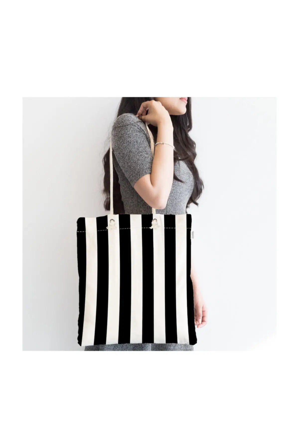 Black White Striped Zipper Modern Fabric Bag Canta-2025