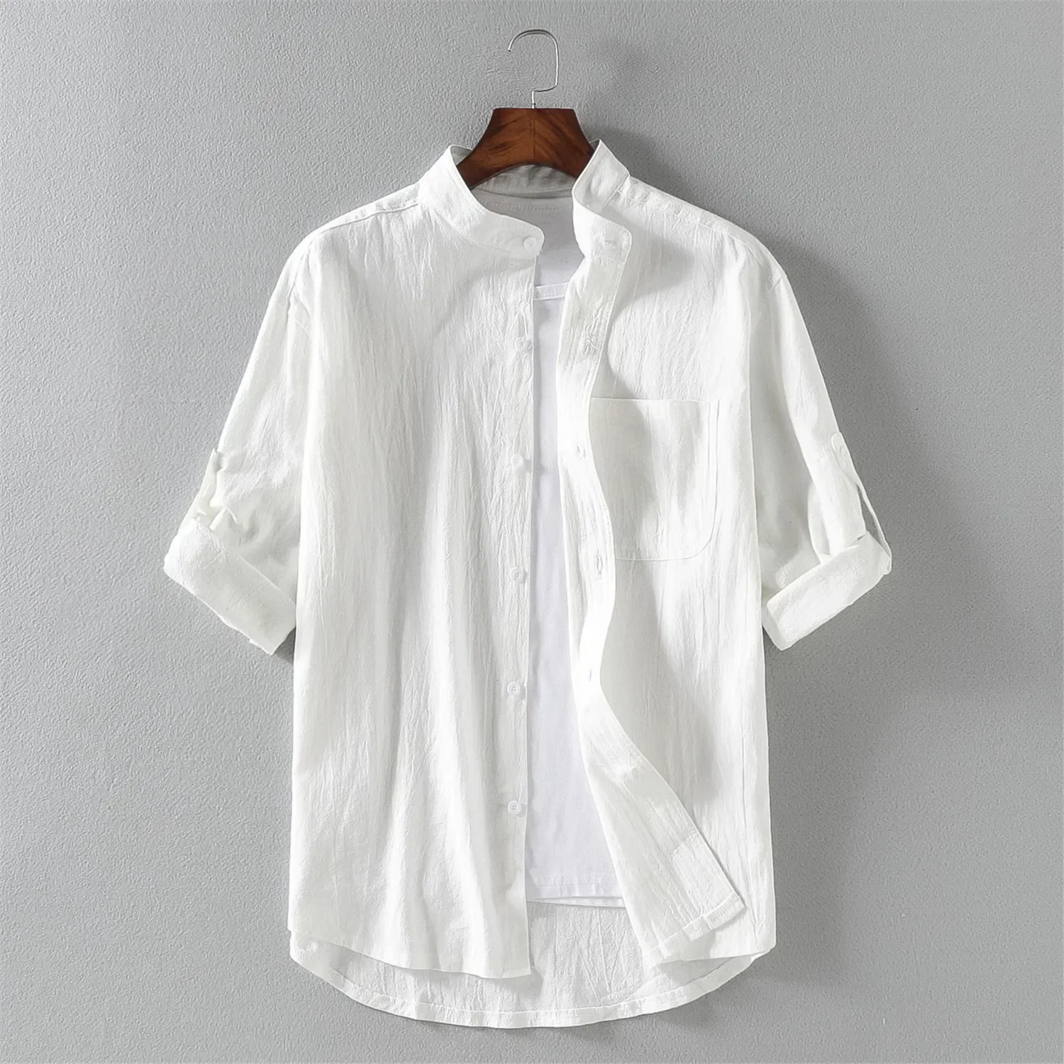 New  Men's Spring Chinese Style Stand Collar Shirt Slim Cotton Linen Solid Casual Shirts Coats Man Three Quarter Sleeve Tops