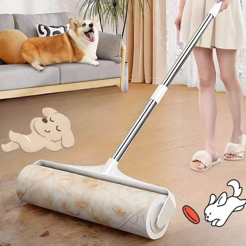 4pcs/set (3 Rolls of Paper+1 Mop Long Handled Hair Remover, Retractable Hair Brush for Clothing, Household Floor Cleaning Tool
