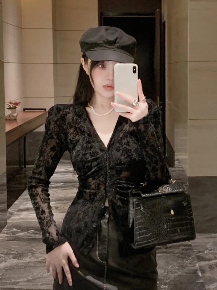 Autumn Slim V Neck Sexy Casual Women Shirts Flocking Lace Bottoming Gauze Blouses Y2k Aesthetic Vintage Elegant Blusas De Mujer