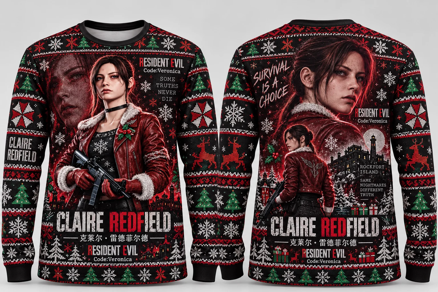 Family Matching Claire Redfield Resident Evil Code Veronica Ugly Christmas Sweater 3D Print Xmas Sweatshirt for Adults Kids