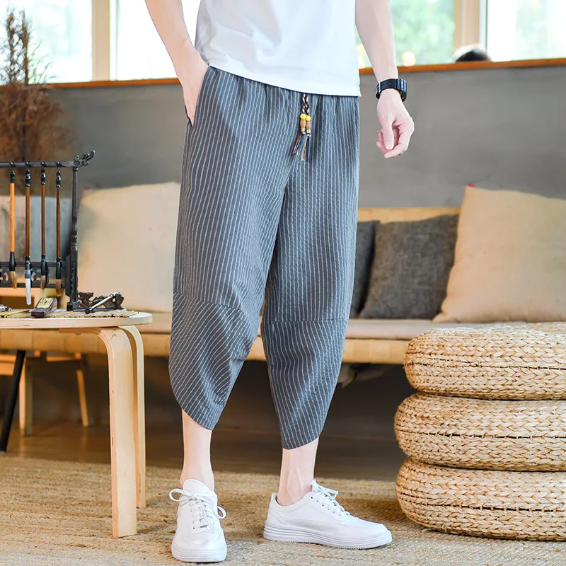 

Foreign Trade New Chinese Style Capris Drawstring Stripe Men's Retro Casual Pants Summer