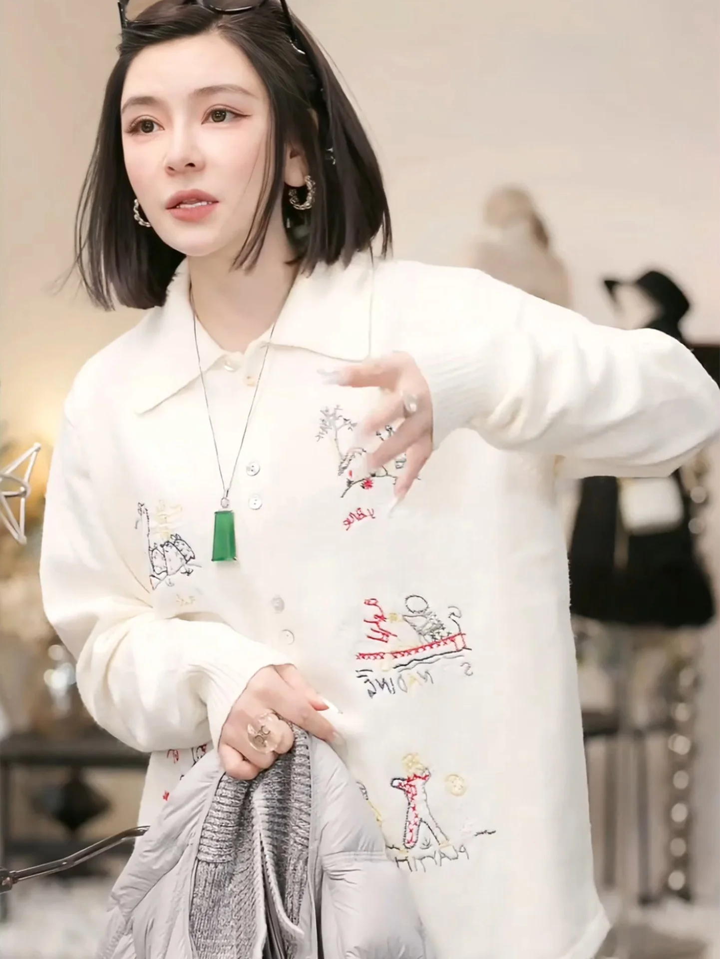 PTHERINE Winter Embroidered Women's Sweater Casual Loose Fit Long Sleeve Shirt Collar Warmth Outerwear Inner Match