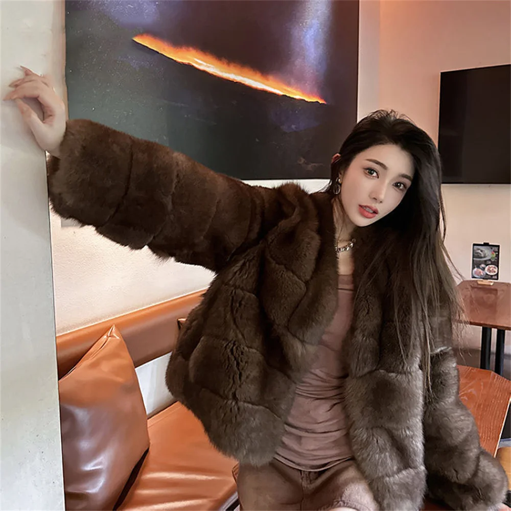 여성 인조 모피 코트 따뜻하고 폭신한 루즈핏 긴팔 라운드넥 여성 재킷 겨울옷 여성 패션 하이 스트릿 여성 아우터