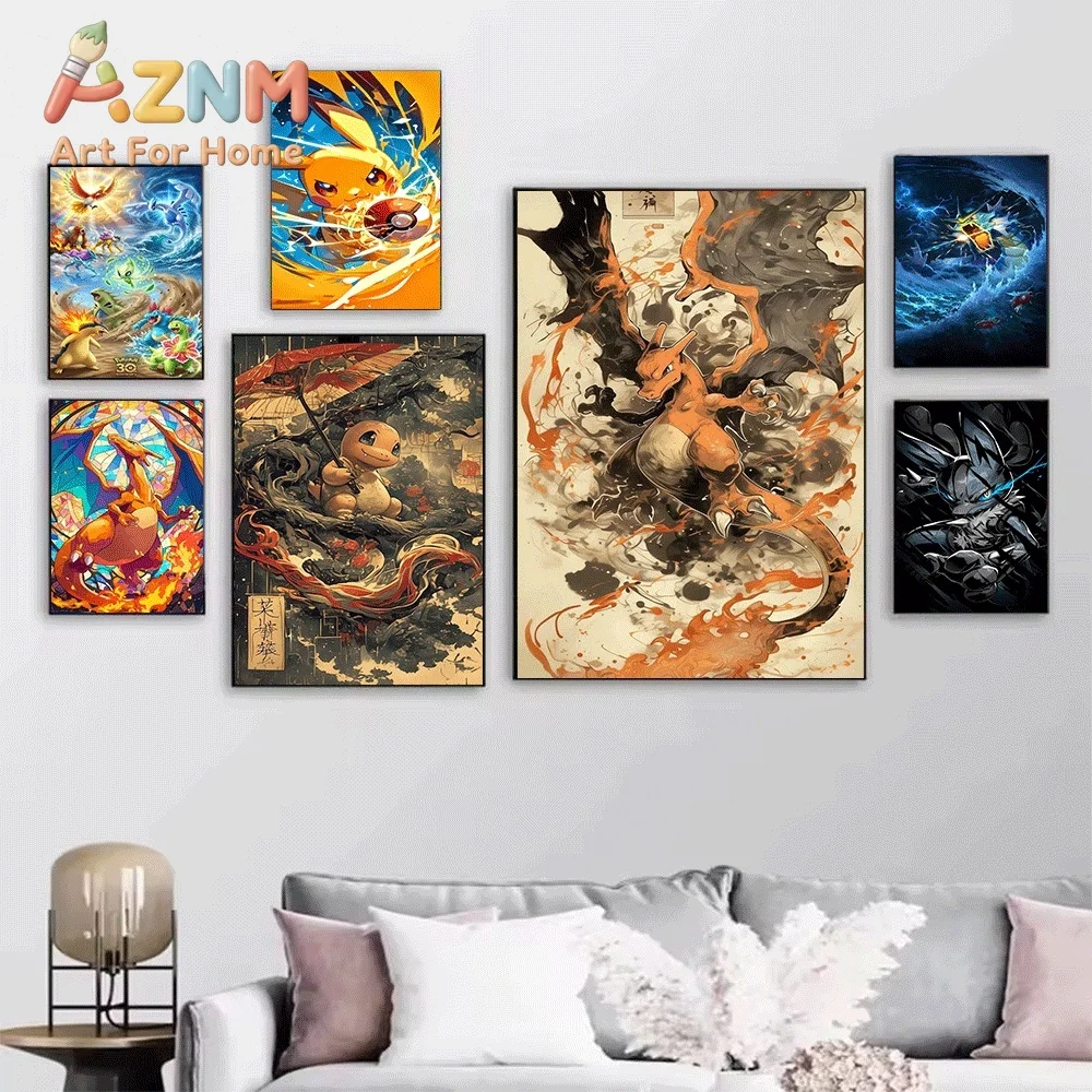 Stained Glass Style Pokemon Charizard Canvas Wall Art No Frame Anime Print Poster Painting for Bedroom Living Room Home Wall D