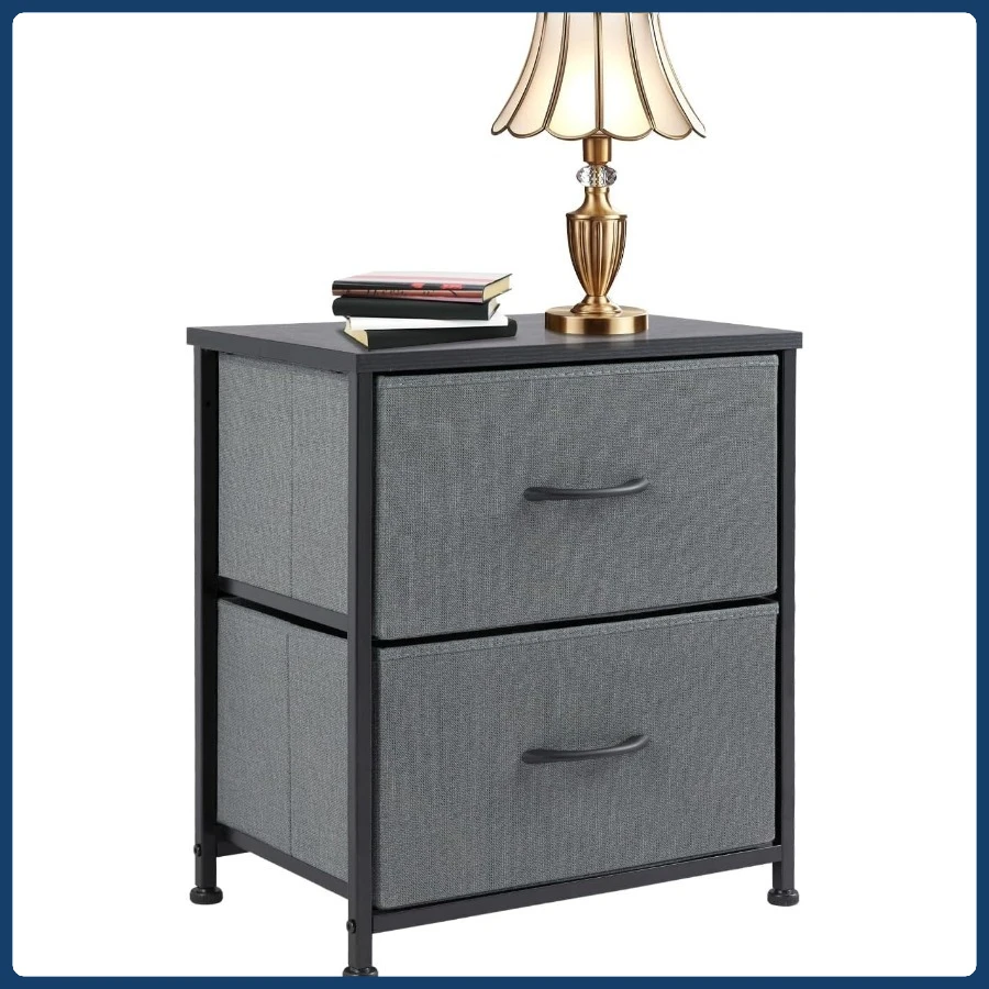 Multifunctional Small Night Stand: 2 Storage Drawers, Wood Top, Fabric Cabinet for Bedside Organization in Kids Room or Dorm