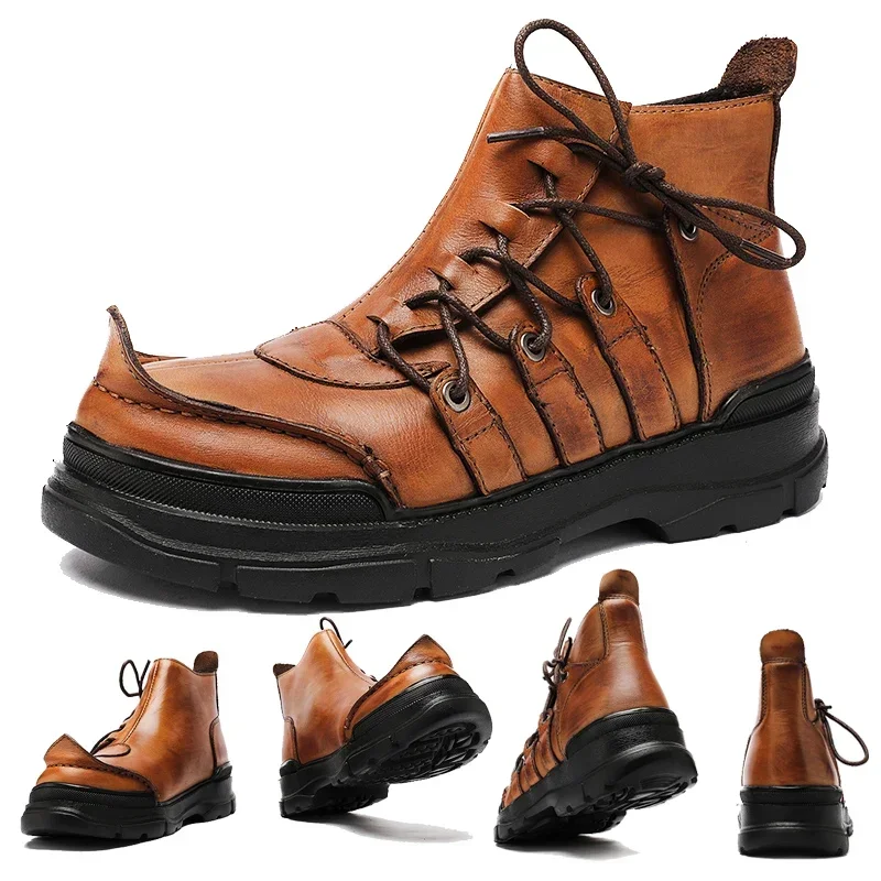 

New Genuine Leather Motorcycle Boots Round-top Men Casual Dress Shoes Punk Ankle Western Cowboy Boots Male Loafers Platform