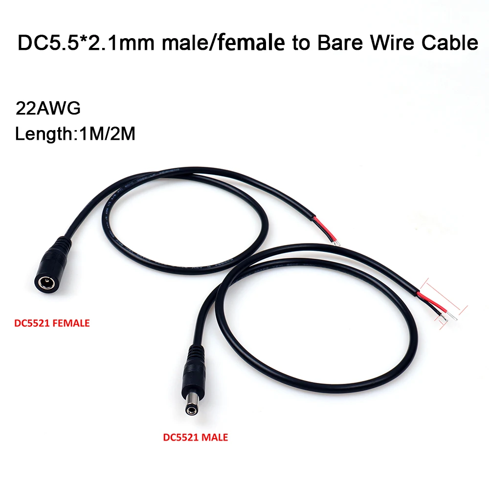 DC5.5*2.1mm Male/female to Bare Wire Open End Power Cable 22AWG for LED Monitor Camera Power Supply outdoor gear | 1M 2M | black