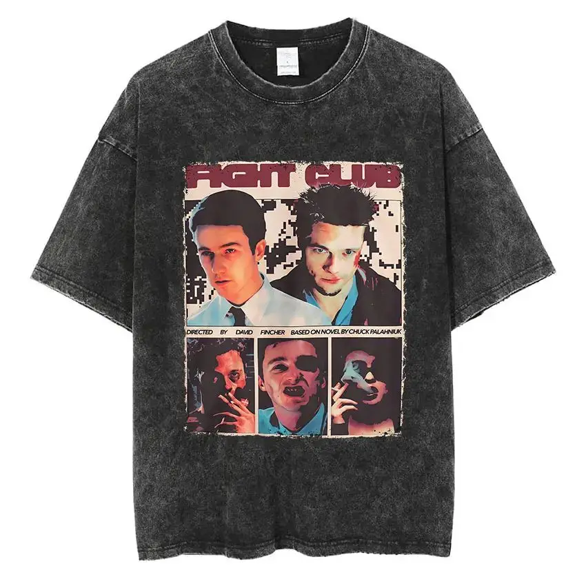 Vintage Washed T Shirts Movie Fight Club Mischief Mayhem Soap Gothic Fashion Hip Pop Fan T-shirt Casual Loose Streetwear Unisex