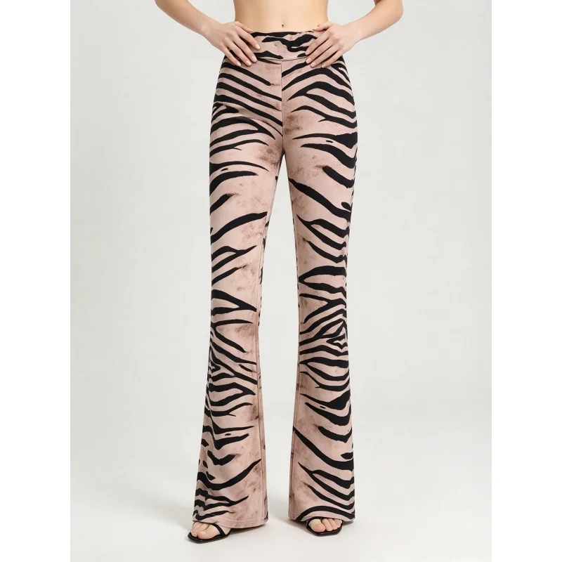 Womens Tiger Stripe Flare Pants High Waist Vintage Animal Print Slim Bootcut Long Trousers