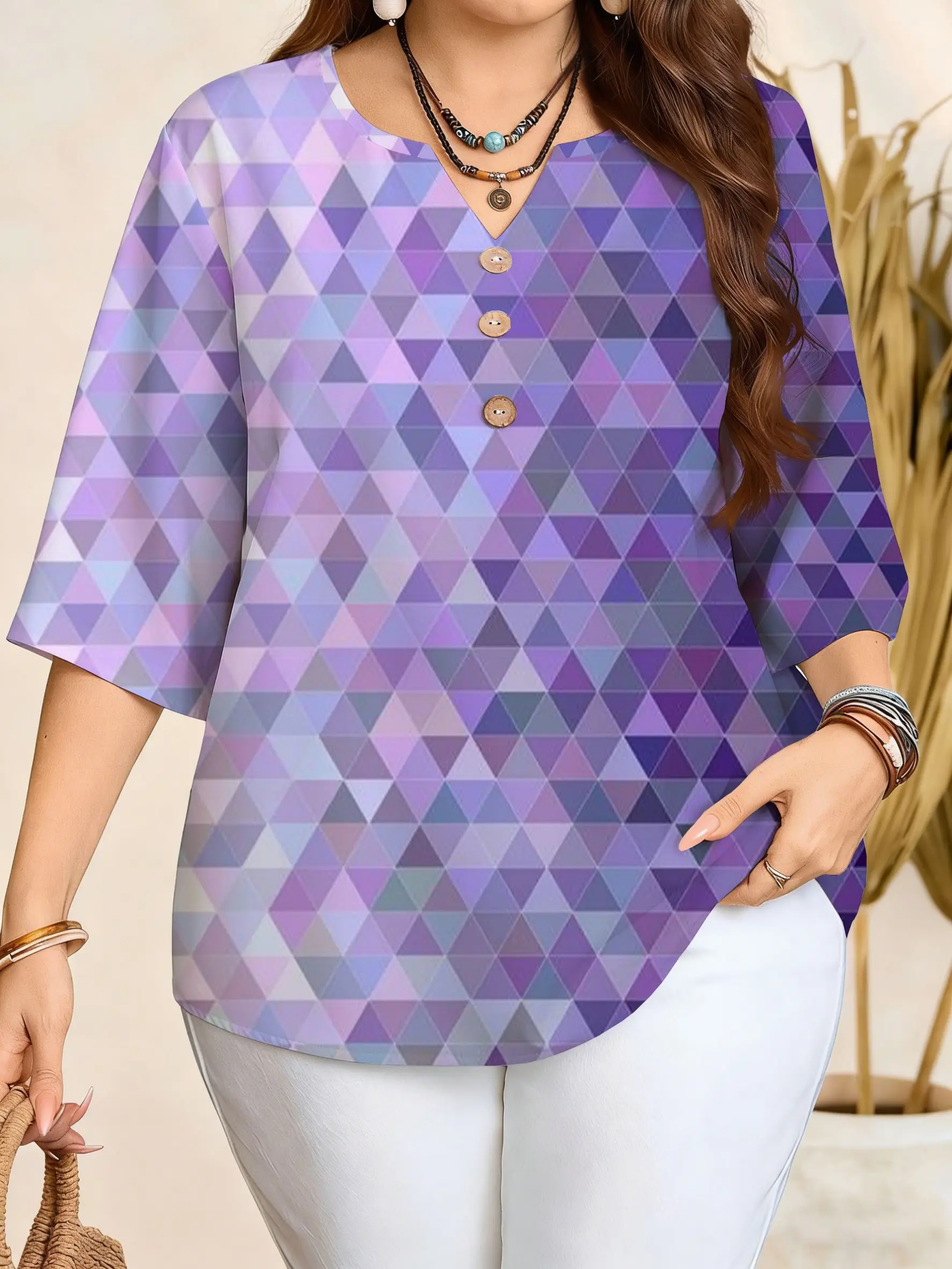 Plus Size Women Abstract Print Blouse Notched V‑Neck 3/4 Sleeve Buttons Loose Fit Casual Summer Daily Top