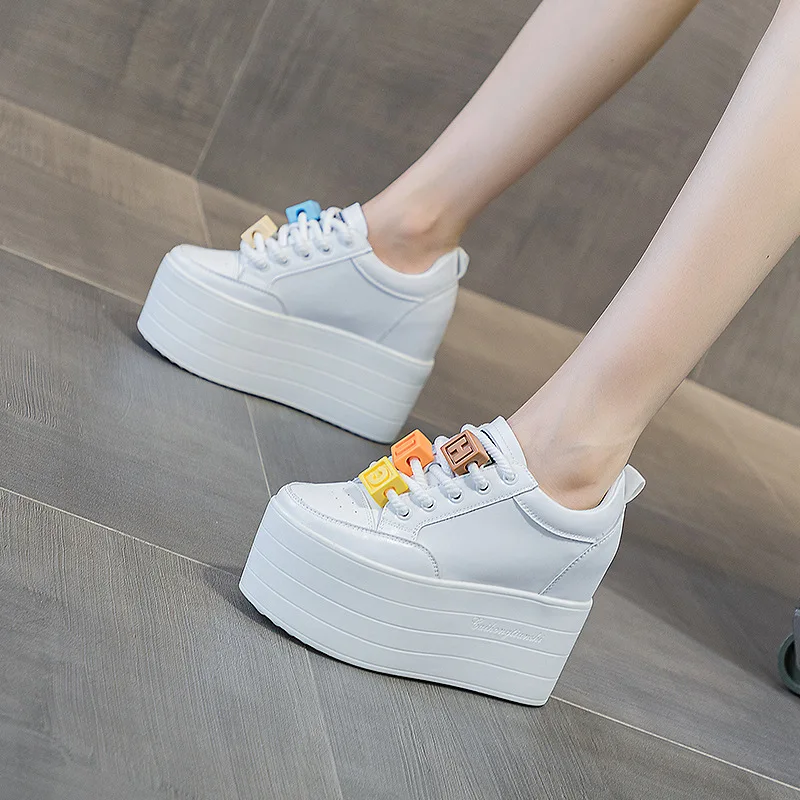 12CM Cow Genuine Leather Women Autumn Spring Fashion Hidden Heels Ladies Color Platform Wedge Chunky Sneakers Thick Soled Shoes