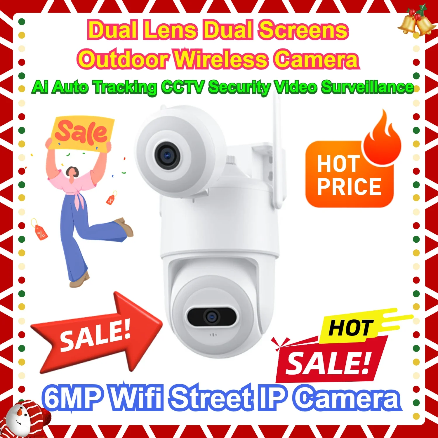 Ai Auto Tracking CCTV Security Video Surveillance 6MP Wifi Street IP Camera Dual Lens Dual Screens Outdoor Wireless Camera