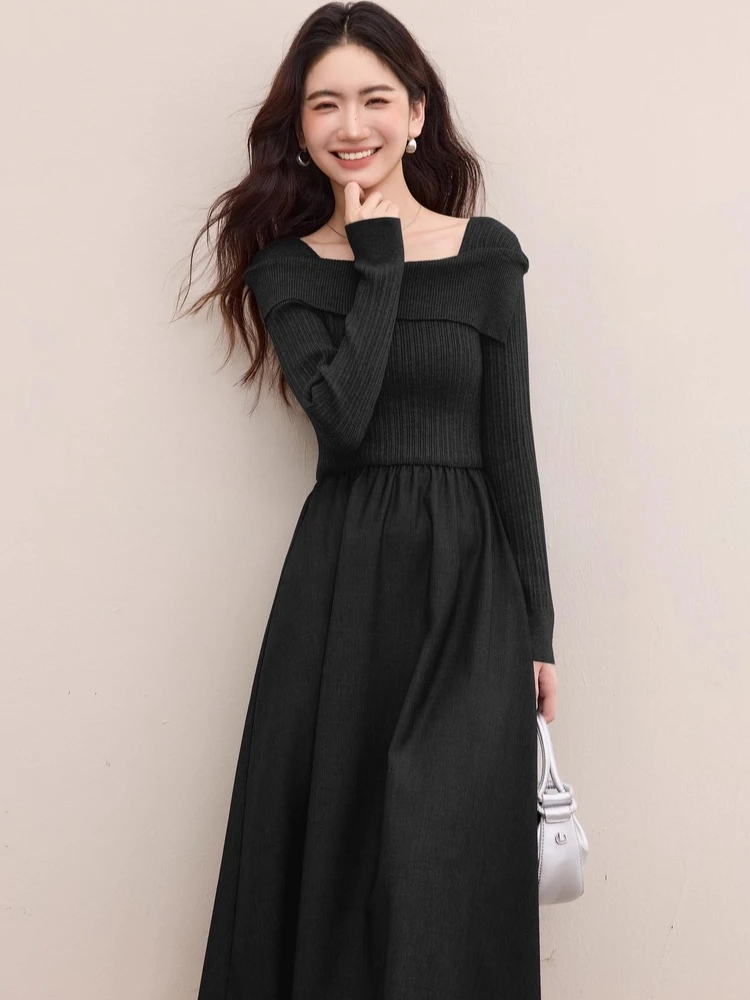 

SENTUBILA Women's Elegant Square Collar Dress Autumn 2025 Elastic Waist A-Line Splicing Design Casual Solid Dress 753LI3100