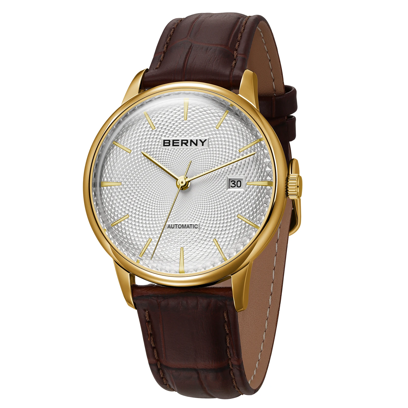 BERNY Luxury Watches for Men Gold Classic Dress Automatic Men's Watch Domed Glass Date Elegant Slim Mechanical Wristwatch