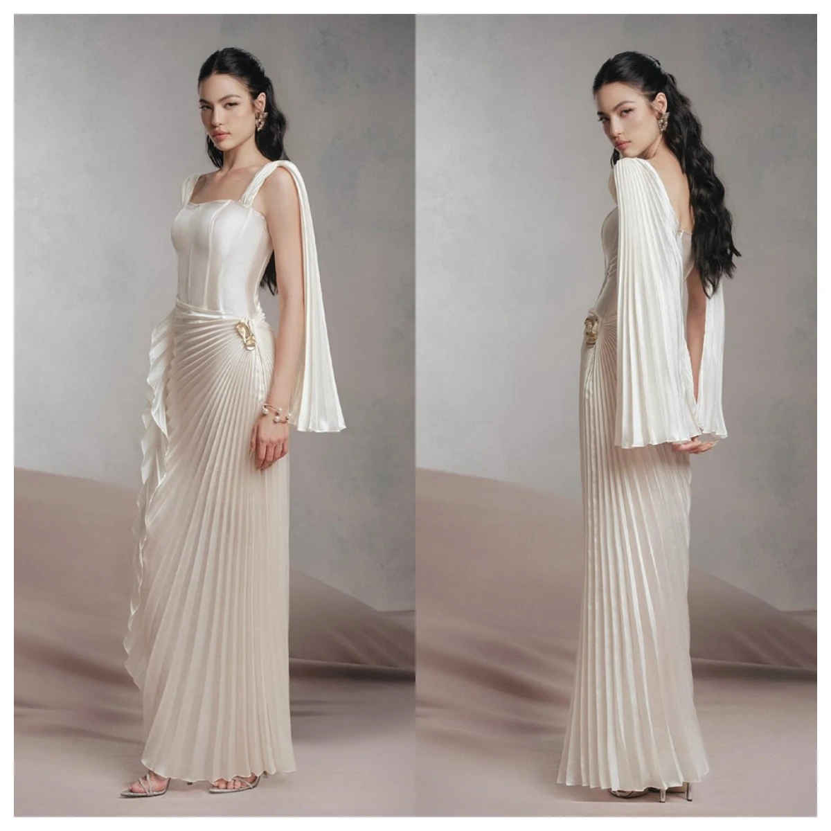 

Customized Luxury White Satin Evening Dress Square Collar Spaghetti Straps Sleeveless Celebrity Gowns Bridal Party Temperament