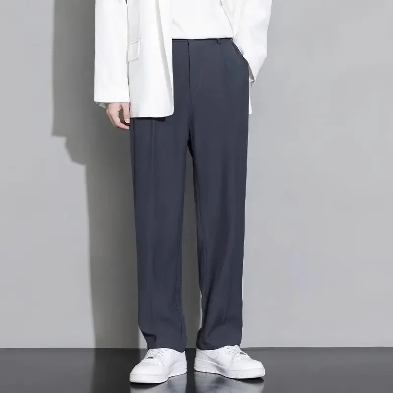 Korean Men Pants Summer Ice Silk Casual Long Pants Elastic Waist Elegant Suit Trousers Straight Wide Leg Business Pants Y2k