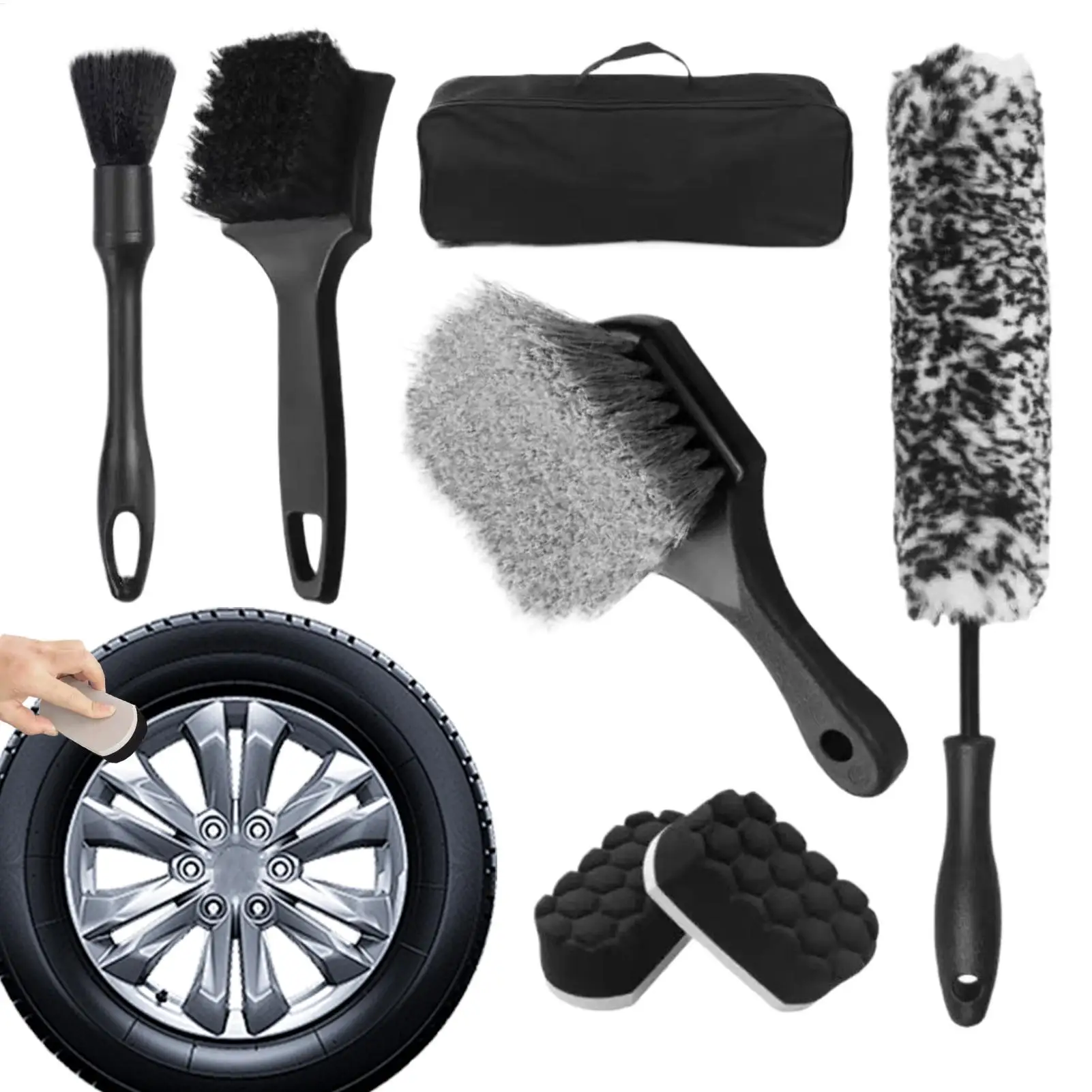 Wheel Cleaning Kit Auto Maintenance with Carry Bag Wheel and Tire Cleaner Brush Set for Home Garage Parking Lot Truck Caravan RV