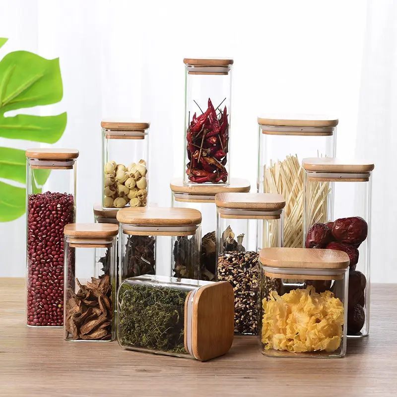 Glass Storage Jars Kitchen Square Organizer Sealed with Bamboo Lid for Food Tea Noodles Coffee Candy Bean  Nut  Bottle Container