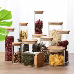 Glass Storage Jars Kitchen Square Organizer Sealed with Bamboo Lid for Food Tea Noodles Coffee Candy Bean  Nut  Bottle Container