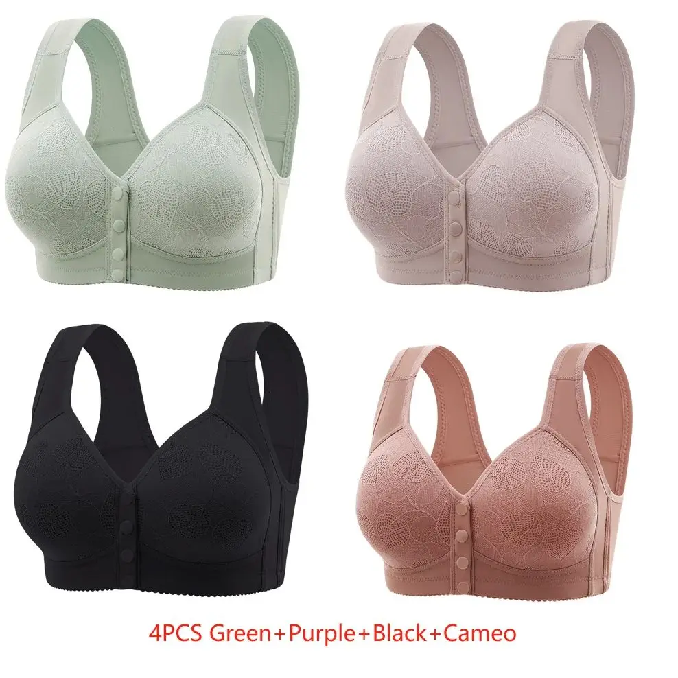 4PCS Thin Print Fixed Cup Front Open Button Kids Youth Vest Bra Comfortable Without Steel Ring Gathered Vest Style Women's Bra