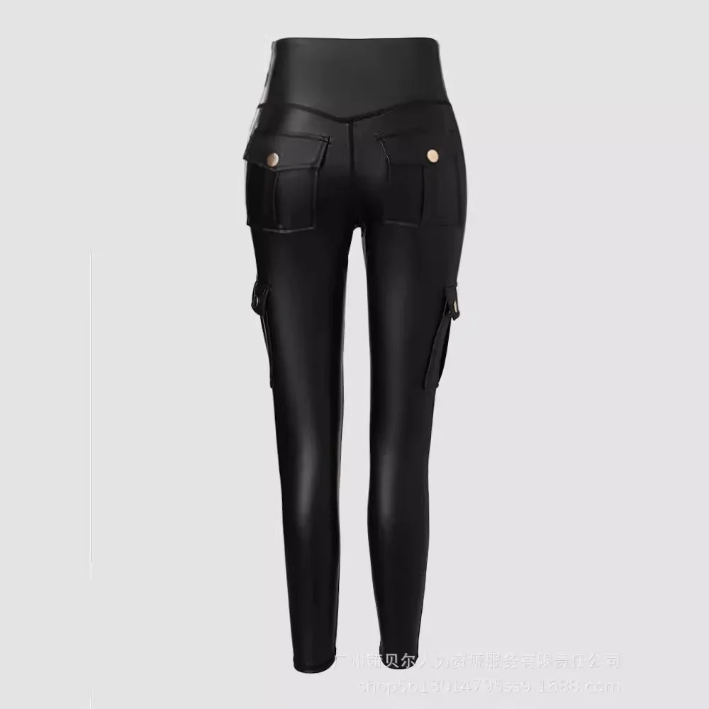 Women Leggings Pants Pu Pant Sexy Solid Sheath Slim Fit Tight High Waist Pockets Zipper Elegant Splice Autumn Pencil Trousers