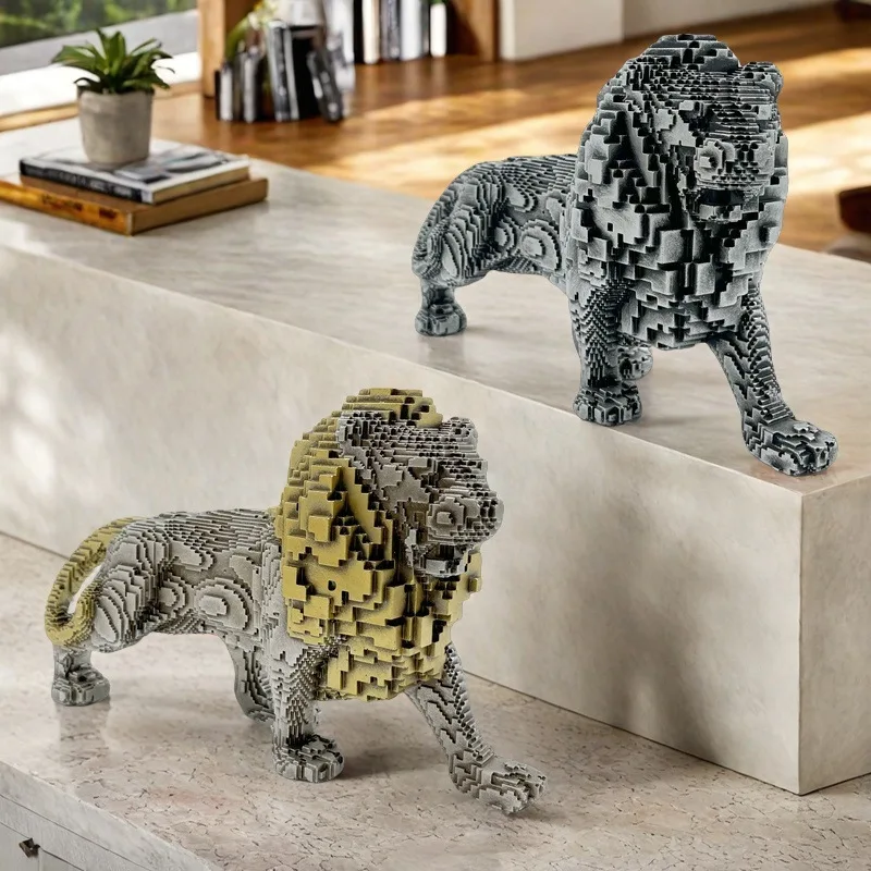 

Lion Statue Resin Crafts Abstract Block Animal Sculpture Modern Home Decoration Living Room Office Desktop Wine Cabinet Ornament