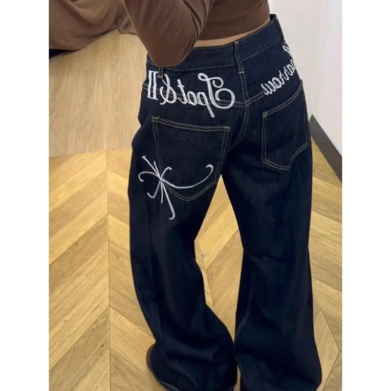 

Retro American Washed Embroidered Letter Jeans Men Women Autumn Trendy Loose Casual Straight Leg Long Pants Street Style