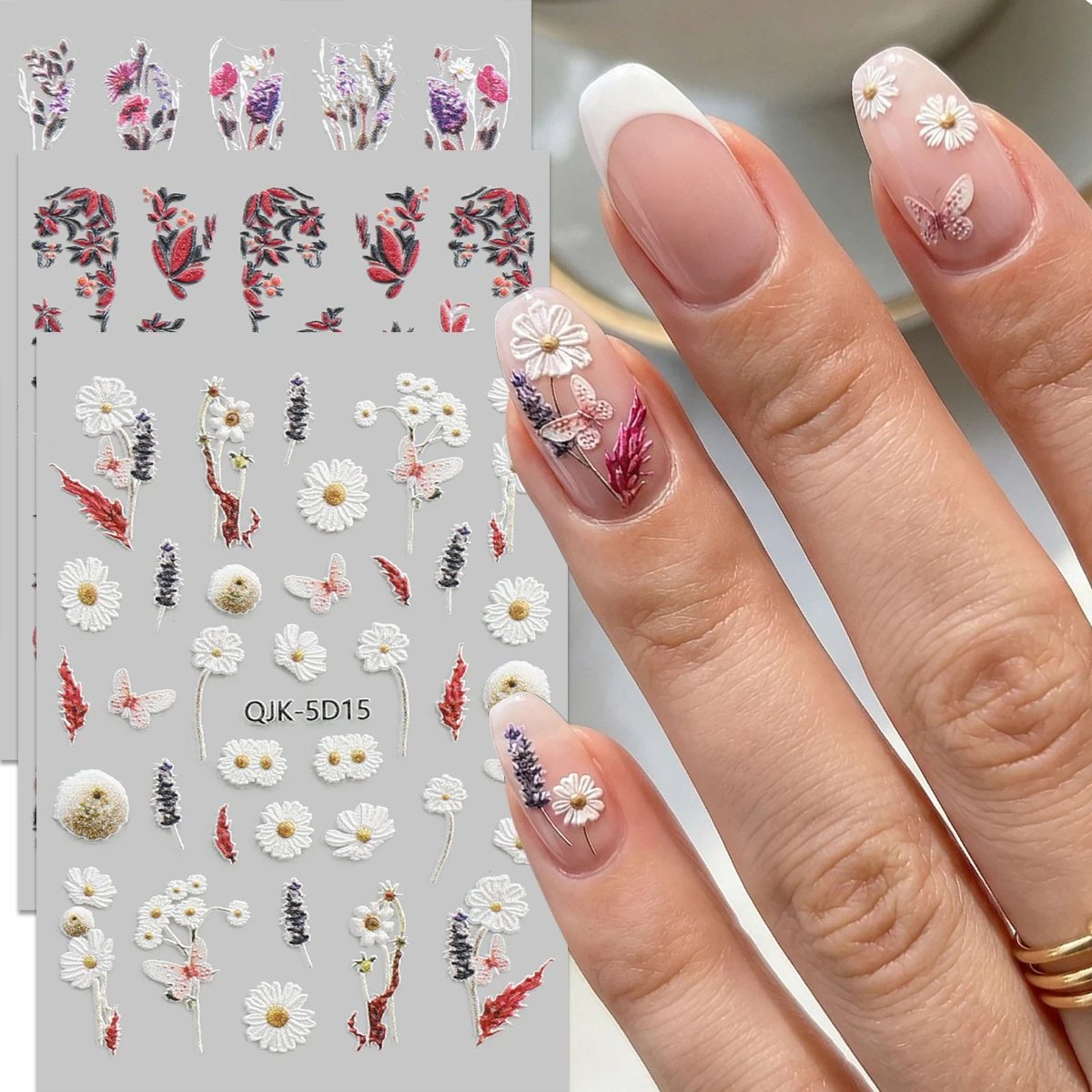 Rot-weiß-lila 5D geprägte florale Nagelaufkleber – Frühlings-Gänseblümchen-Schmetterlings-Nagelsticker – Für den Frühling, Ostern, Hochzeiten