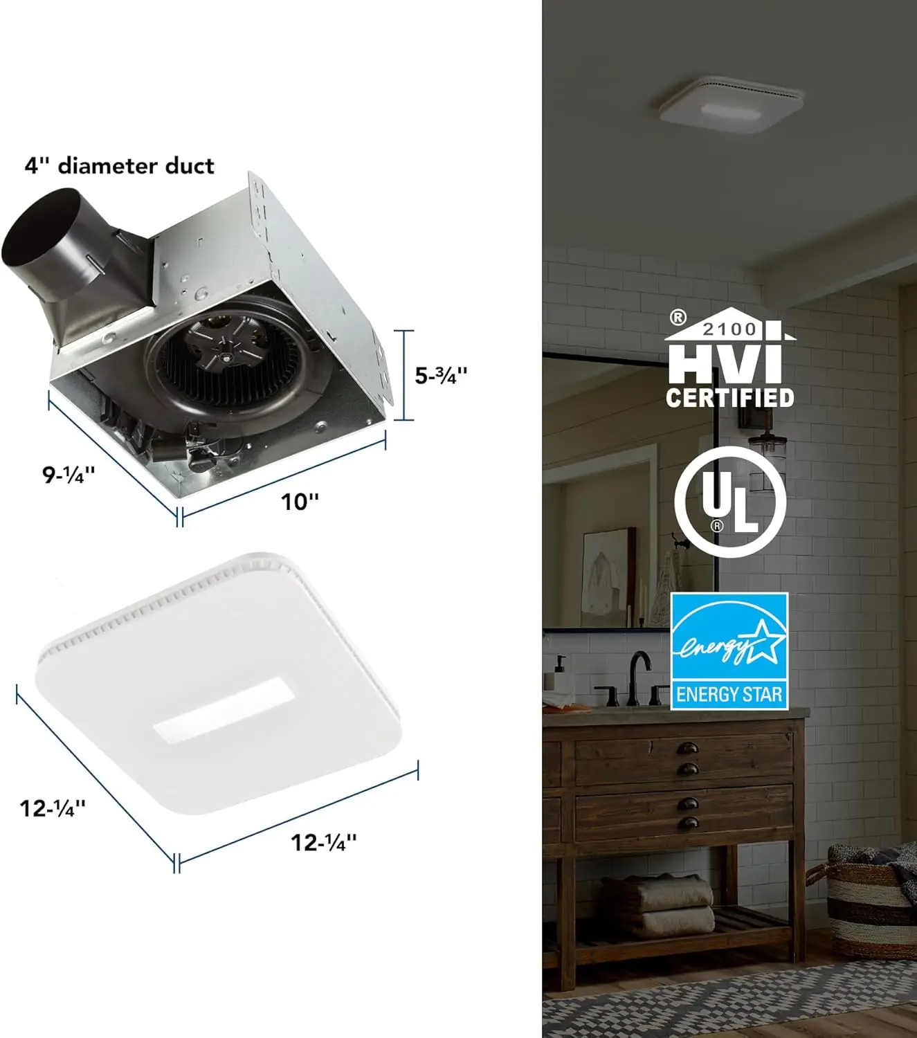 حمام 110 CFM AER110CCTK، 1.0 واحد، مع ضوء CCT LED قابل للتحديد، مروحة حمام ENERGY STARBath، أبيض