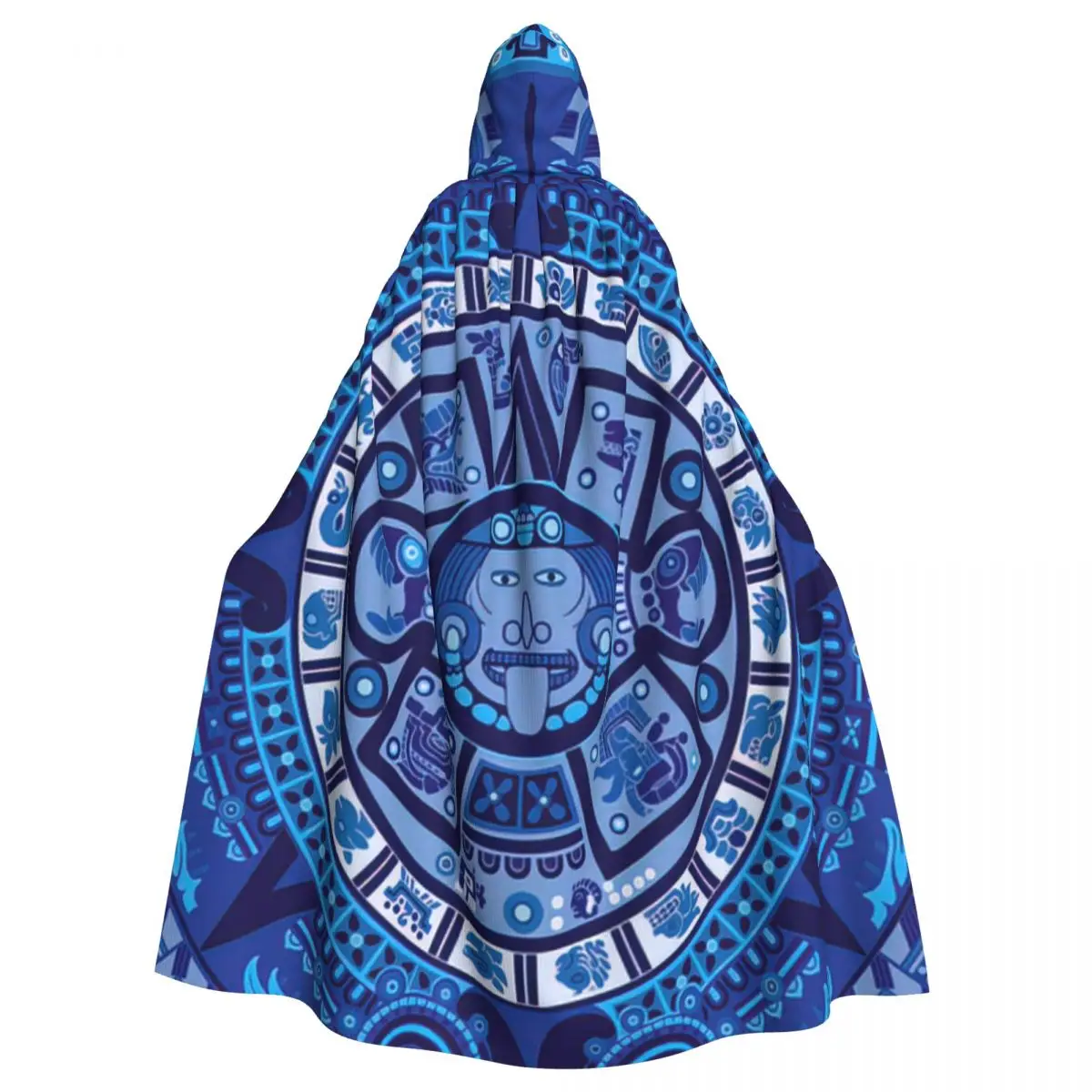 Aztec Calendar In New Blue Hooded Cloak Halloween Party Cosplay Woman Men Adult Long Witchcraft Robe Hood