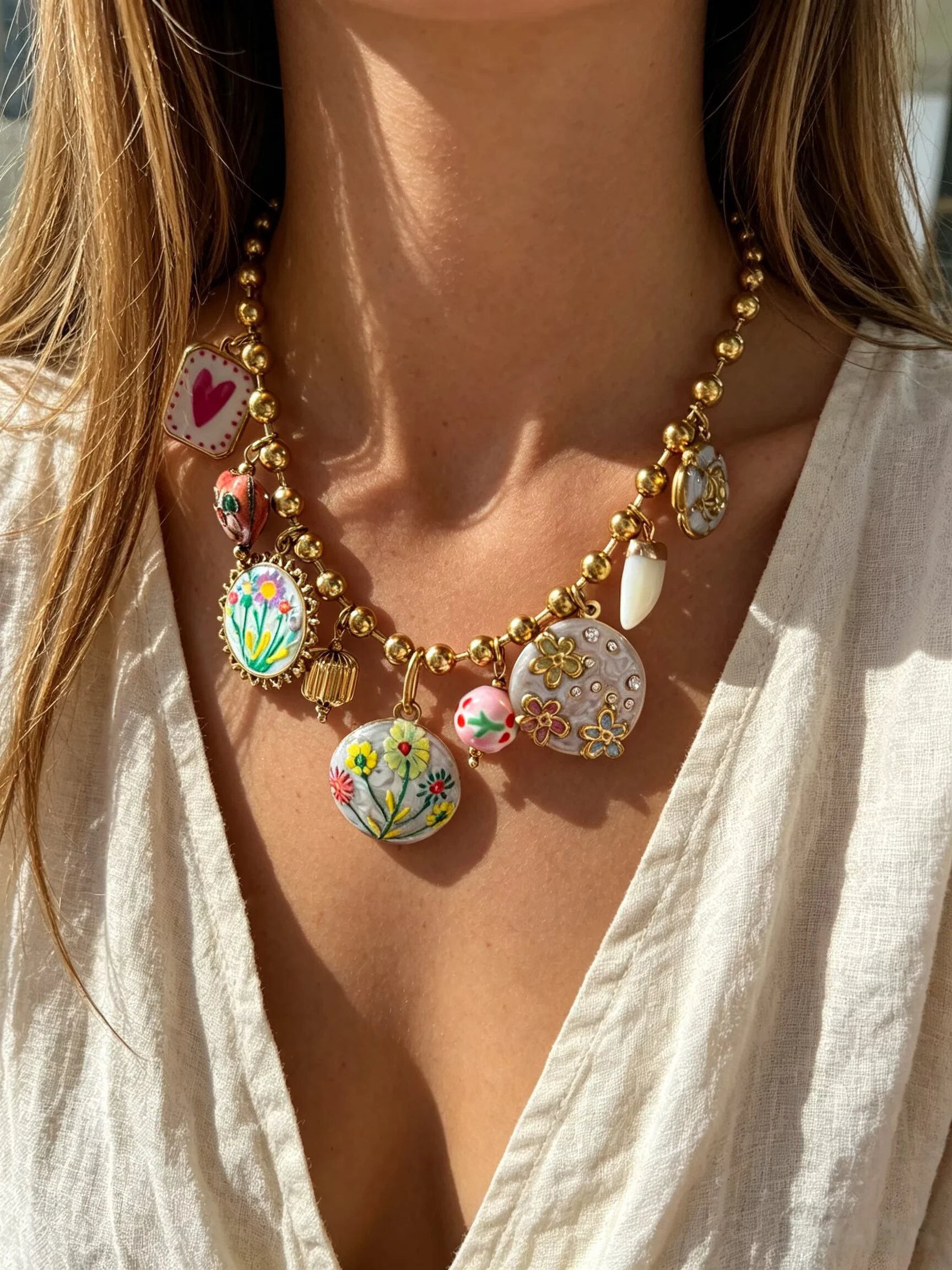 Peri'sbox Vintage Enamel Ceramic Natural Stone Multiple Pendant Metal Bead Chain Women's Necklace Stainless Steel Jewelry Gifts