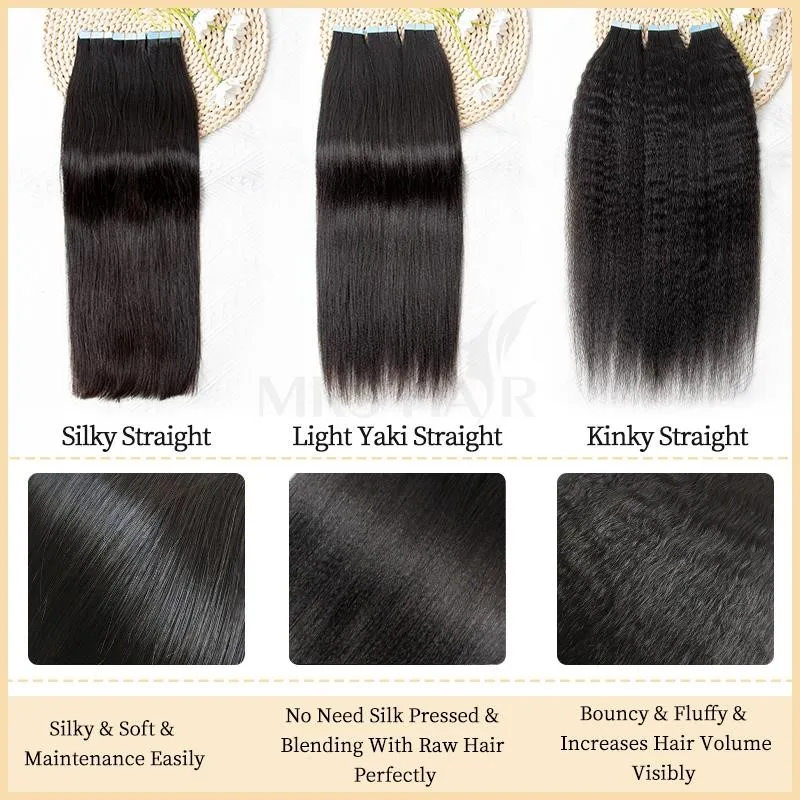 MRS HAIR Light Yaki Tape nelle estensioni dei capelli Nastro dritto Yaki pressato in seta nelle estensioni dei capelli umani Remy 12-26 pollici 20 pezzi / pacco