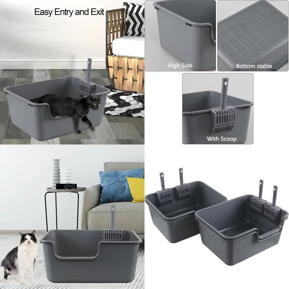 

Large Grey Plastic Cat Litter Box with High Sides and Scoop, 4-Pack